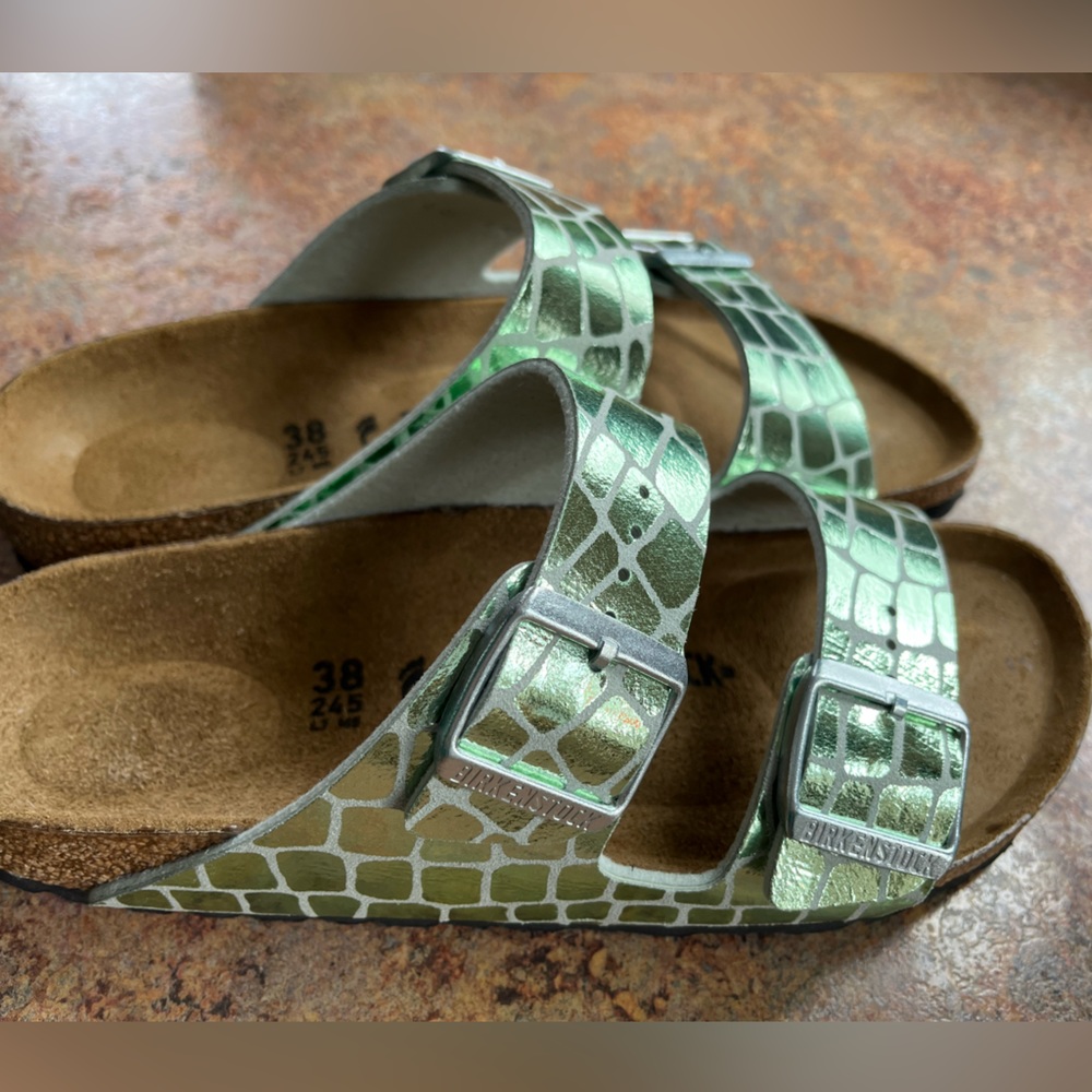 Birkenstock Green Metallic Croc-Print Arizona Sandals - Picture 2 of 9